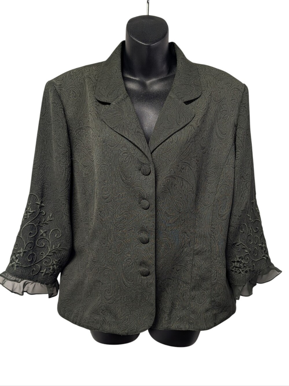 Plaza South Size 16 Green Paisley Jacquard Blazer Embroidered Ruffle Cuffs vtg